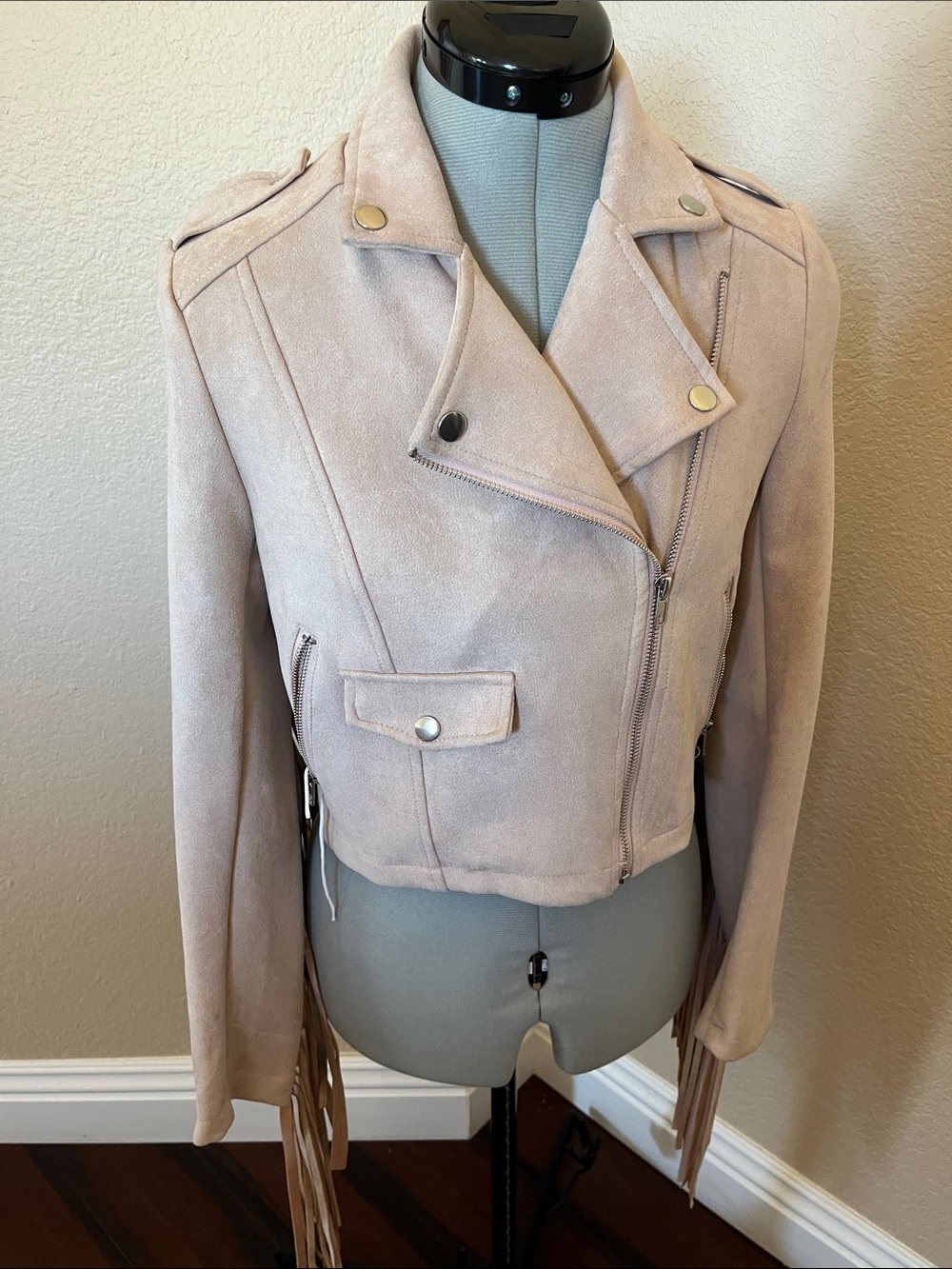 Faux Suede Fringe Biker Jacket - Blush